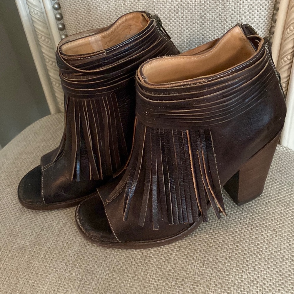 Bed Stu Olivia Fringe Peep Toe Brown Bootie